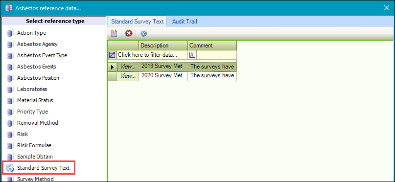 Standard Survey Text reference data