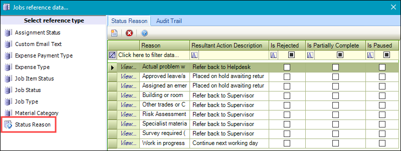 Status Reason reference data