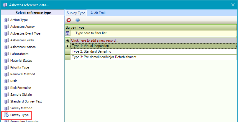 Survey Types reference data