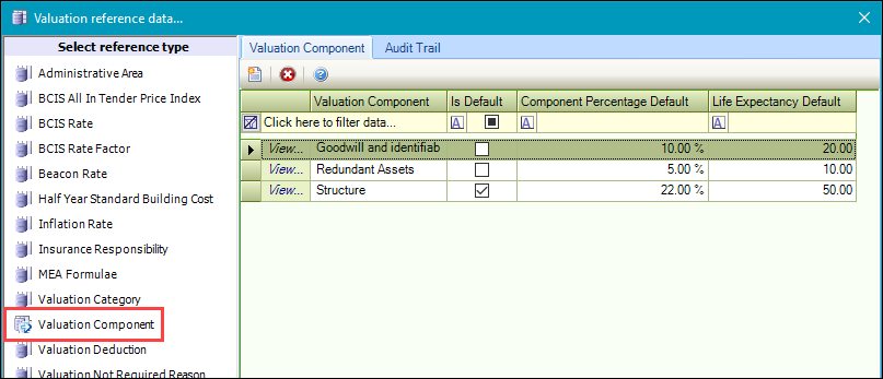 Valuation Component reference data