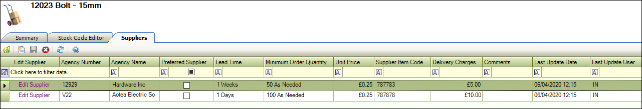 Suppliers tab