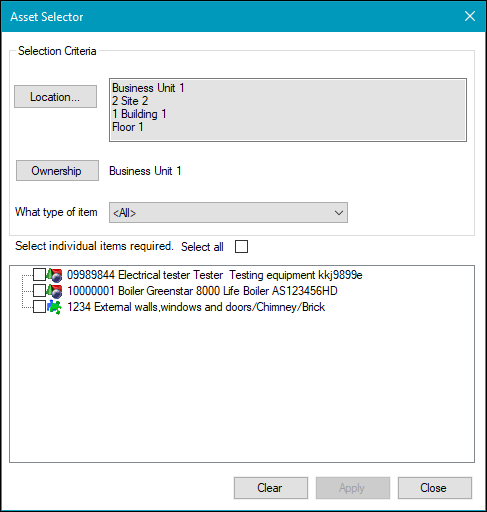 Asset Selector window