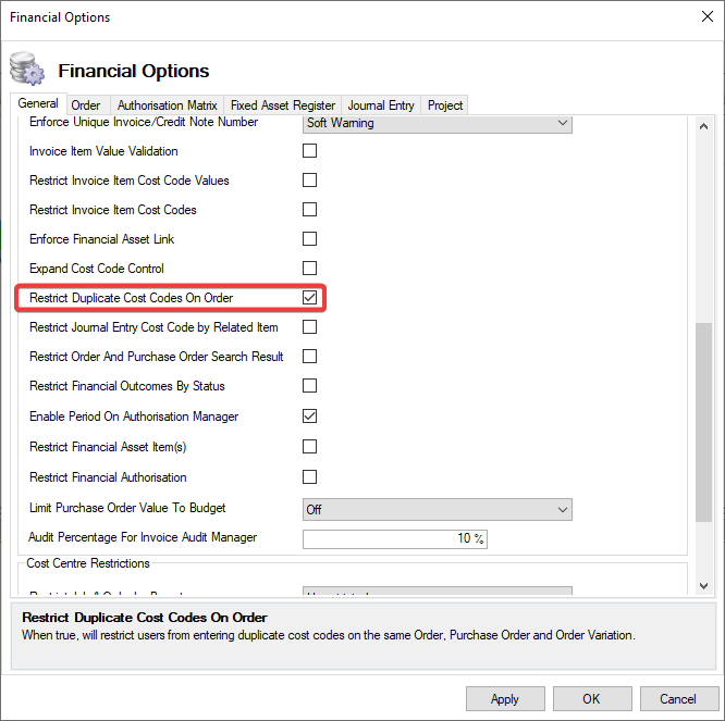 RestrictDuplicateCostCodesOnOrder