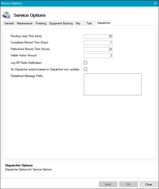 Service Options Dispatcher tab