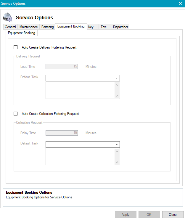 Service Options Equipment Booking tab