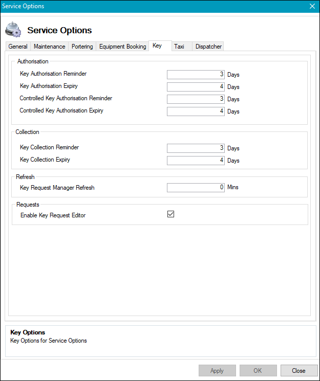 Service Options Key tab