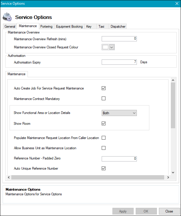 Service Options Maintenance tab