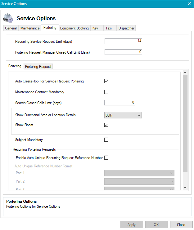 Service Options Portering tab