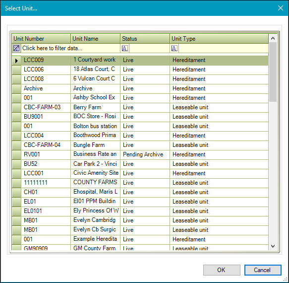 Select Unit window