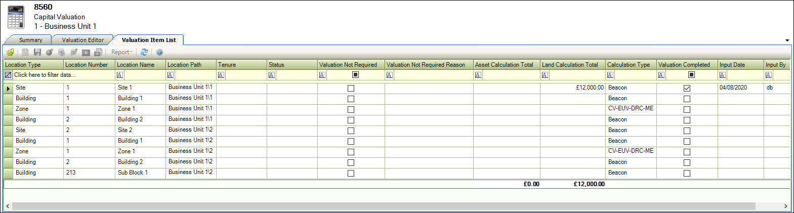 Valuation Item List