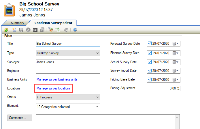 Manage survey locations link