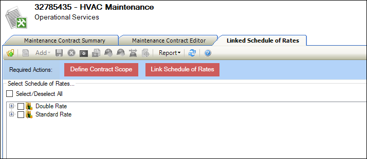 Linked Schedule of Rates screen