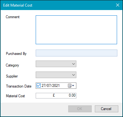 Edit Material Cost window