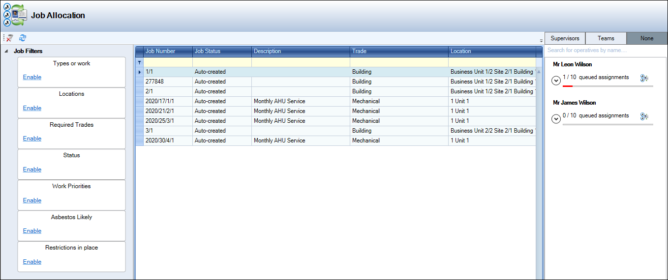 Job Allocation screen