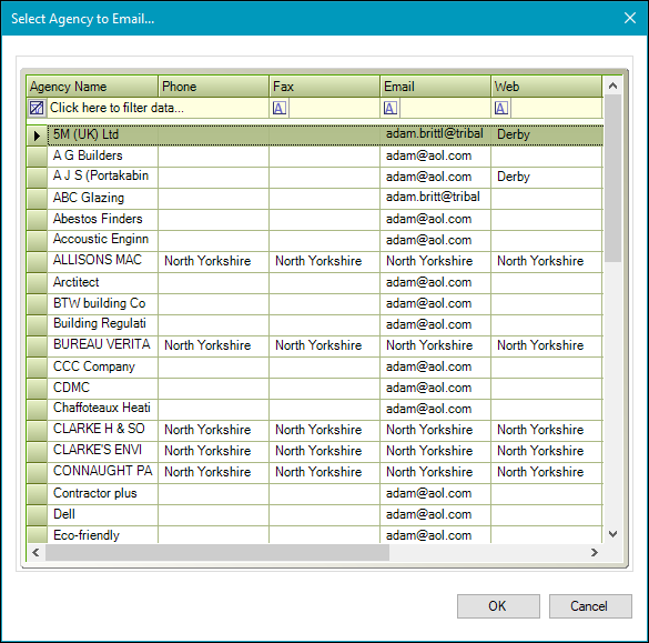 Select Agency to Email window