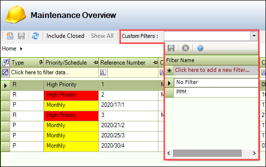 Custom Filters drop-down