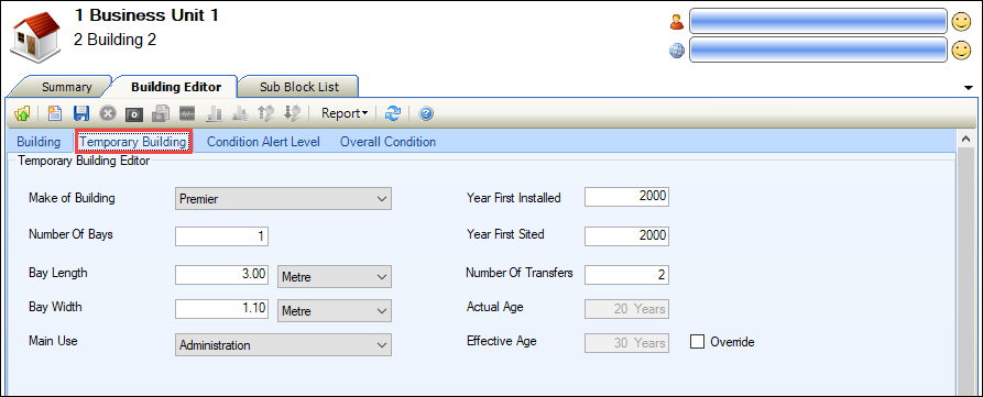 Temporary Building tab