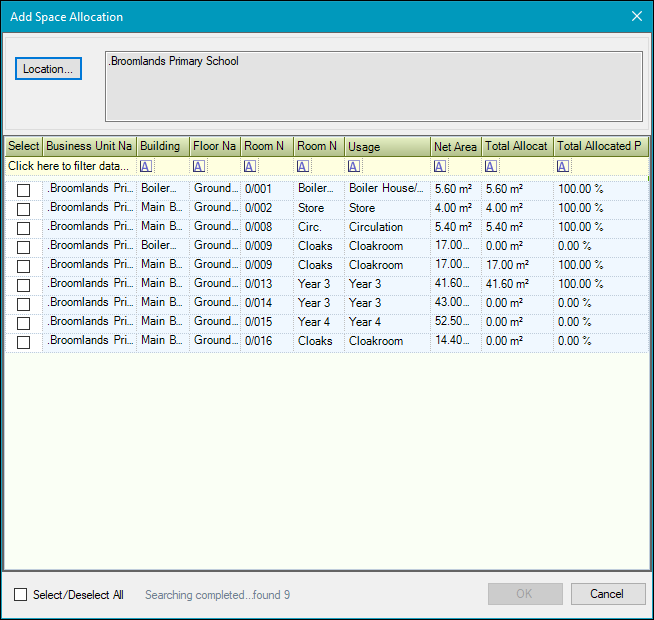 Relevant rooms in the Add Space Allocation window