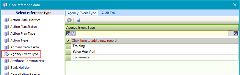 Agency Event Type reference data