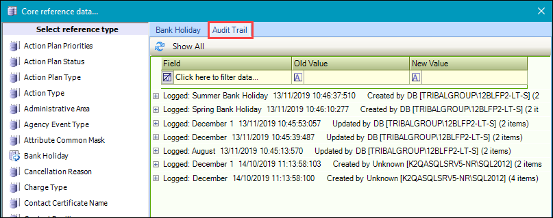 Audit Trail tab