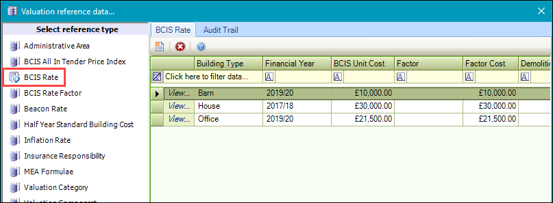 BCIS Rate reference data