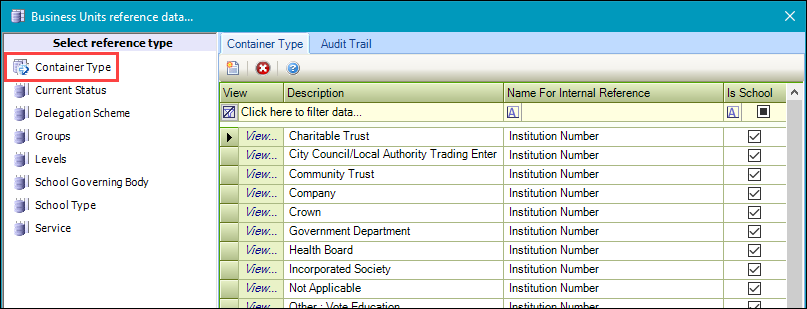 Container Type reference data