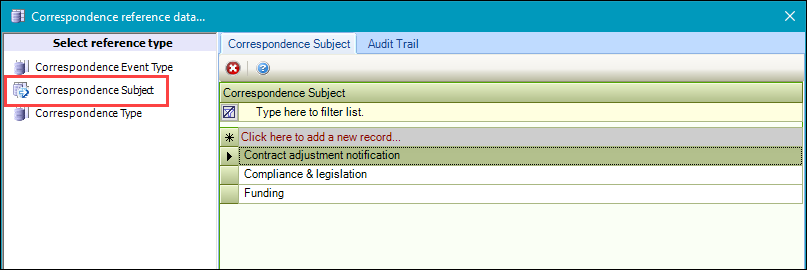 Correspondence Subject reference data