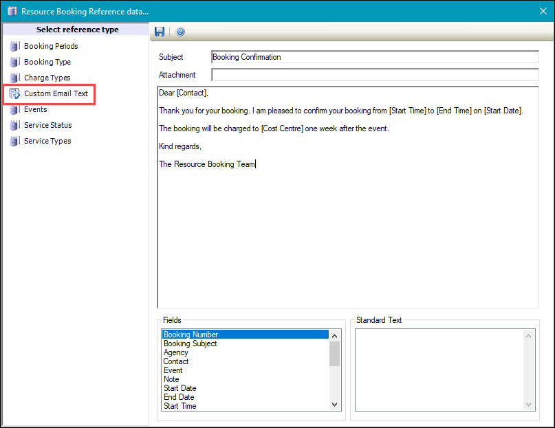 Custom Email Text reference data