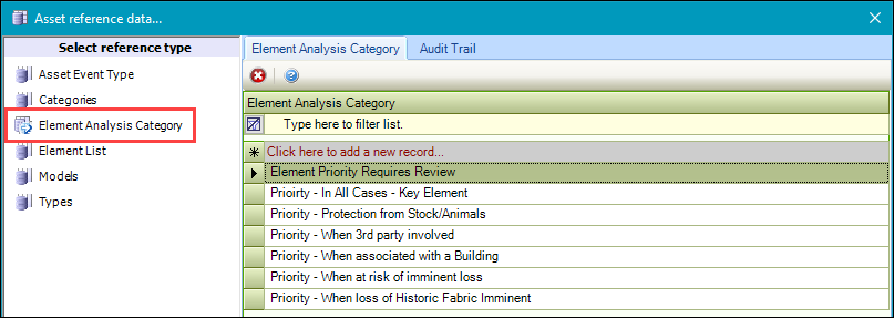 Element Analysis Category reference data