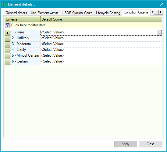 Element Detials Condition Criteria tab