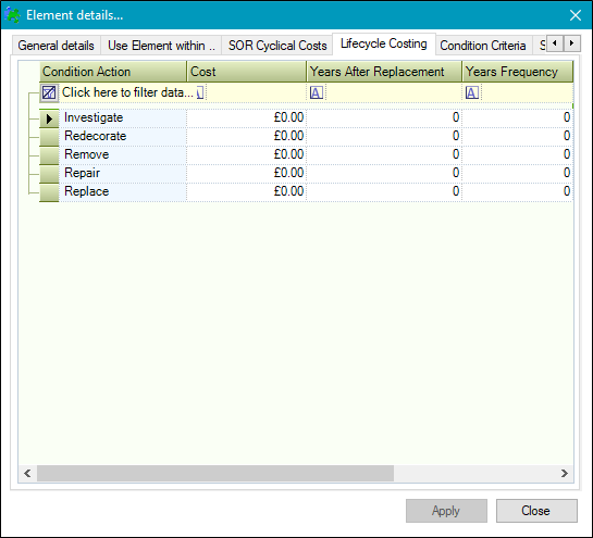 Element Details Lifecycle Costing tab