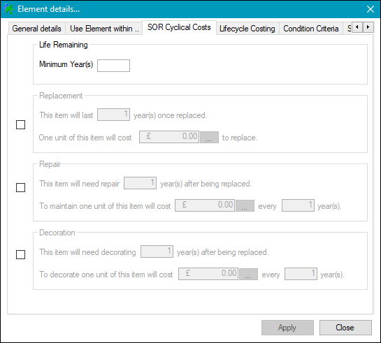 Element Details SOR Cyclical Costs tab