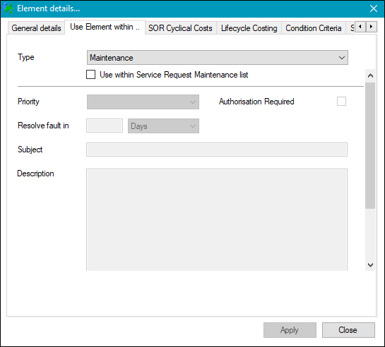 General Details Use Element within tab Maintenance type