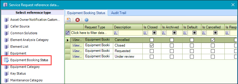 Equipment Booking Status reference data