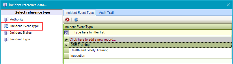 Incident Event Type reference data