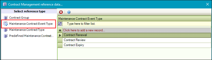 Maintenance Contract Event Type reference data