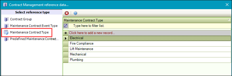 Maintenance Contract Type reference data