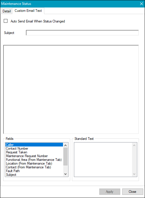 Add new Maintenance Status reference data Custom Email Text tab