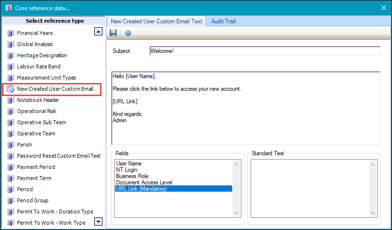New Created User Custom Email Text reference data