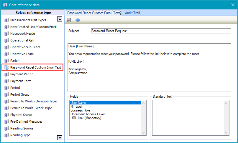Password Reset Custom Email Text reference data
