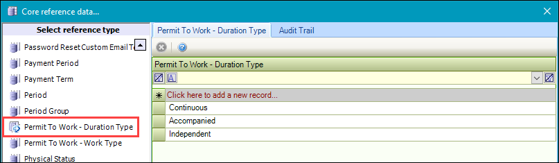 Permit To Work - Duration Type reference data