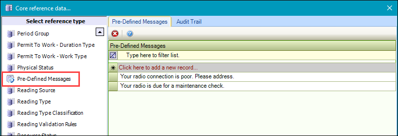 Pre-Defined Messages reference data