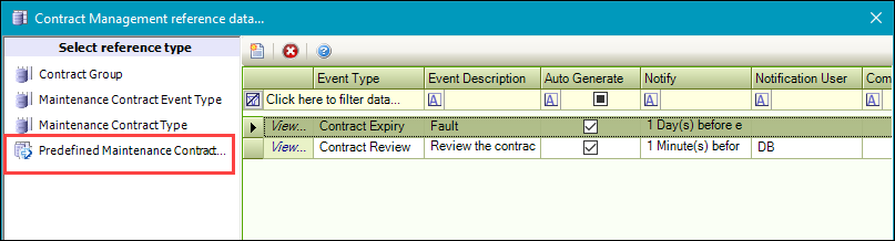 Predefined Maintenance Contract Events reference data