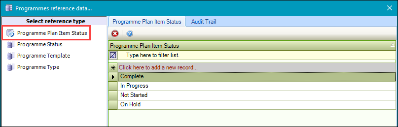 Programme Plan Item Status reference data