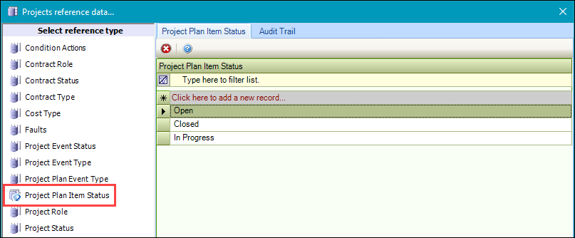 Project Plan Item Status reference data