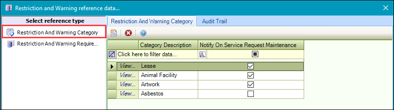 Restriction and Warning Category reference data