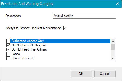 Restriction And Warning Category window