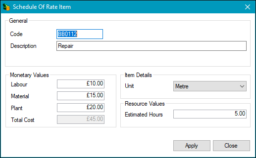 Schedule of Rate Item window