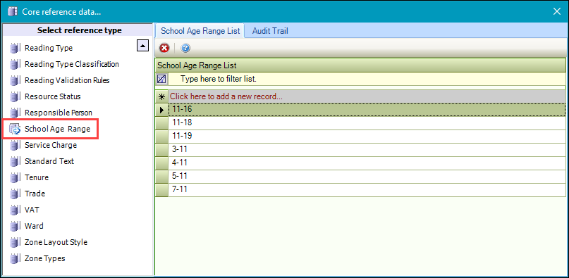 School Age Range reference data