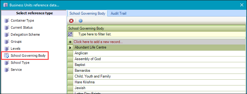 School Governing Body reference data